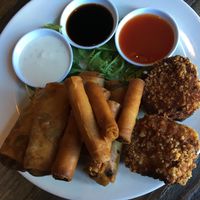 Trio sampler of both lumpias and crab cakes ($20) at Nick's on Grand in South San Francisco