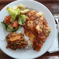 Shepards pie, lentil dhal and salad at Bistro Papu ja Pata in Tampere