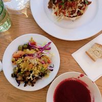 Seitan kebab, salad and beetroot soup 💜  at Bistro Papu ja Pata in Tampere