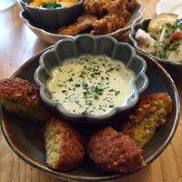 Yellow pea croquettes (falafels) & mint yogurt dip at Bistro Papu ja Pata in Tampere