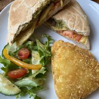 Sheese and pesto toastie with hash browns instead of crisps   at That Little Tea Shop in Romsey