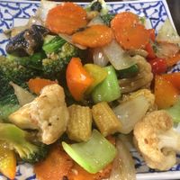 Stir fry tofu & veg with thai basil. Say no fish sauce. Ask for ginger & chilli as this was bland & oily, you couldn’t taste thai basil. at Chao Phraya in Kyneton