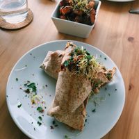 Jackfruit wrap with butternut squash wedges at Vital Cafe in Leeds