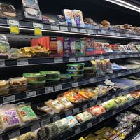 Some of the vegan options (not everything is vegan on the picture) at Marché TAU in Montreal