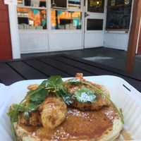 My second visit  Pretend chicken (I would bet house made) on pancakes with chipotle infused maple syrup. Yum! at Fern Cafe and Bakery in Victoria