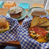 Big Bad Breakfast Sandwich, tofu scramble, Cinnamon bun and rhubarb flakey at Fern Cafe and Bakery in Victoria