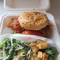 Buffalo chicken burger, kale caesar salad at Fern Cafe and Bakery in Victoria