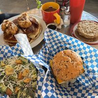 BIG BAD BREAKFAST SANDWICH, Caesar salad and PANCAKES N’ FRIED CHICKUN plus a cookie and Cinnabon - all tasty! Cinnabon could have used more icing but that’s just me being pick at Fern Cafe and Bakery in Victoria