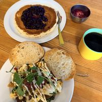 Pancake with blueberry compote and breakfast hash.   at Fern Cafe and Bakery in Victoria