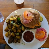 Cheese burger with hashbrowns and a chocolate smoothie at Fern Cafe and Bakery in Victoria
