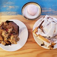 Gluten free muffin, raspberry macaroon and cinnamon roll. at Fern Cafe and Bakery in Victoria