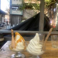Soy based soft serve with non—alcoholic sake  at Ramuna in Nara