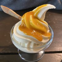 Soft ice cream (soy based) with mango sauce  at Ramuna in Nara