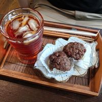 homemade iced tea and rice-based dessert with sweet red bean paste. at Ramuna in Nara
