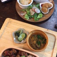 Top: hot dog with soy nuggets and gratin. Bottom: bento box with miso soup at Ramuna in Nara