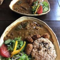 Curry Set (Curry, side of salad, fermented rice with organic beans and soy nuggets) at Ramuna in Nara