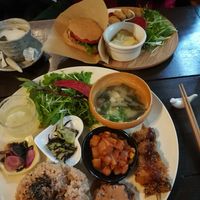 Brown rice set and hamburger plate at Ramuna in Nara