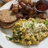 tofu scramble with potatoes and plant-based sausage   at Irregardless Cafe in Raleigh