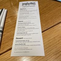 Restaurant week menu   at Irregardless Cafe in Raleigh