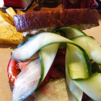 Vegan tofu mayo sandwich with potatoes and salad at Palmovka in Prague