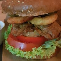 BBQ seitan burger - close up at Dom in Kyiv