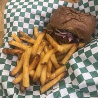 “Bubba Sparxx” BBQ Jackfruit Sandwich, with fries at Local Green Atlanta  in Atlanta