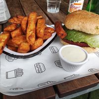 Vegan aïoli, chips and Shamburger at The Burger Haus in North Hobart