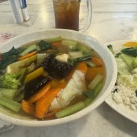 Vegan tofu and veggie rice set and ice lemon tea  at Lily's Vegetarian Cafe in Penang