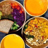 Habibi bowl, Red Thai & Carrot-orange-ginger soup, Indian summer bowl at MaKE. in Dusseldorf