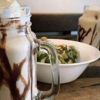 Nut milkshake and pesto potatoes. at Salvaxe.MX in Mexico City