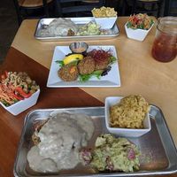 We got the June Bug plate: chicken fried steak, macaroni n cheese, potato salad, kale salad, and crab cakes. at V-Grits and Chimera Brewing in Louisville