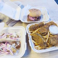 BBQ sandwich, dill pickle taco, Nashville strips basket  at V-Grits and Chimera Brewing in Louisville