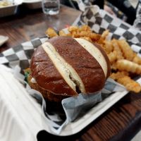 Spicy Chicken Sandwich with seasoned fries at V-Grits and Chimera Brewing in Louisville
