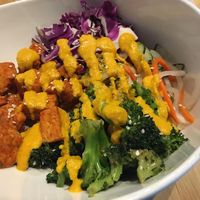 Bowl with tofu, grains, broccoli at V-Grits and Chimera Brewing in Louisville