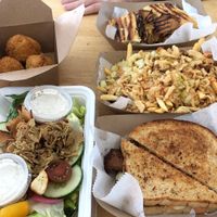 Fried mac n cheese bites, the cuban, chef salad, cheeseburger fries, and patty melt.  at V-Grits and Chimera Brewing in Louisville