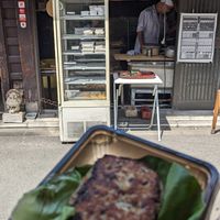 🍔 Okara Patty (350¥ | 2.3$) in Front of Shop at Iriyama Tofu Shop in Kyoto