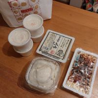 Different Tofu and soymilk. On the left, the shops special eco bag!! at Iriyama Tofu Shop in Kyoto