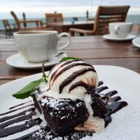 Vegan dessert - warm chocolate brownie and ice cream at The Beach Deck in Eastbourne