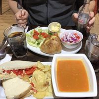 Soup of the day, sandwich with roasted red pepper, baked potato, two Diet Coke and a piece of shortbread totaled at 28£ at Hettie's Tearoom in Pitlochry