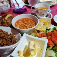 Haggis and baked beans on a baked potato: god tier at Hettie's Tearoom in Pitlochry