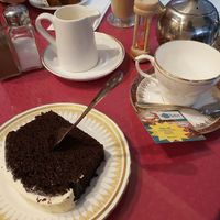 Vegan chocolate cake and Earl Grey with soya milk at Hettie's Tearoom in Pitlochry