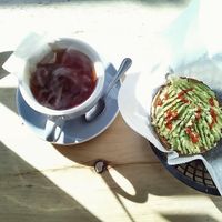 avocado bagel with sriracha and tea ✨  at Frontside Grind in North Conway