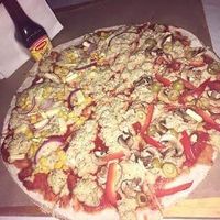 Vegan pizza with homemade cocunut cheese. at El Delirio Pizza Artesanal in Saltillo