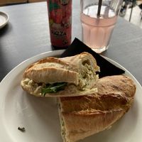 ‘Not chicken’, pesto and spinach baguette with raspberry lemonade   at 92 Degrees Coffee in Liverpool
