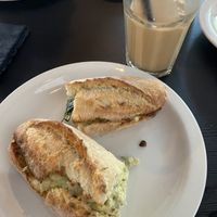 Vegan chicken and pesto baguette with iced soya latte   at 92 Degrees Coffee in Liverpool