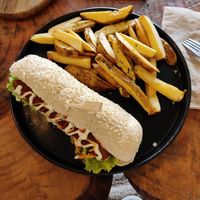 Hot dogs and amazing chips at Apuro Vegan Bar in Porto