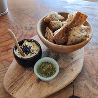 Entrée - two sauces and delicious bread at Apuro Vegan Bar in Porto