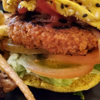 Burger close up at Apuro Vegan Bar in Porto