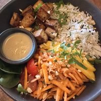Rice bowl with peanut sauce   at Apuro Vegan Bar in Porto