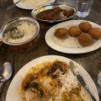 Vege Manchurian, stuff mushrooms, chana masala (mostly eaten already)   at Bolina Sweets and Indian Restaurant in Christchurch